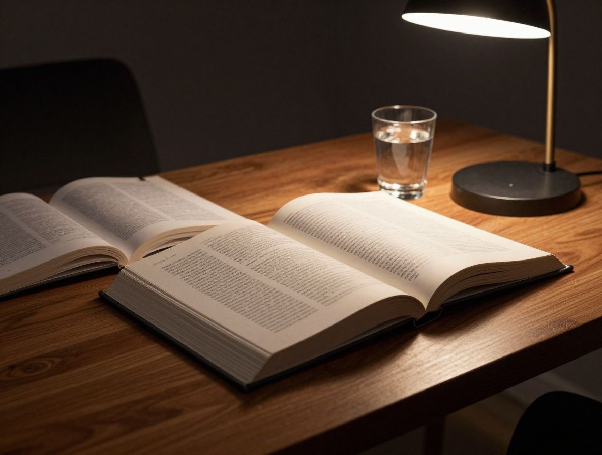 Wooden desk with neatly arranged open reference books, a glass of water, and a softly lit reading lamp against a dark background, representing calm focused editorial work