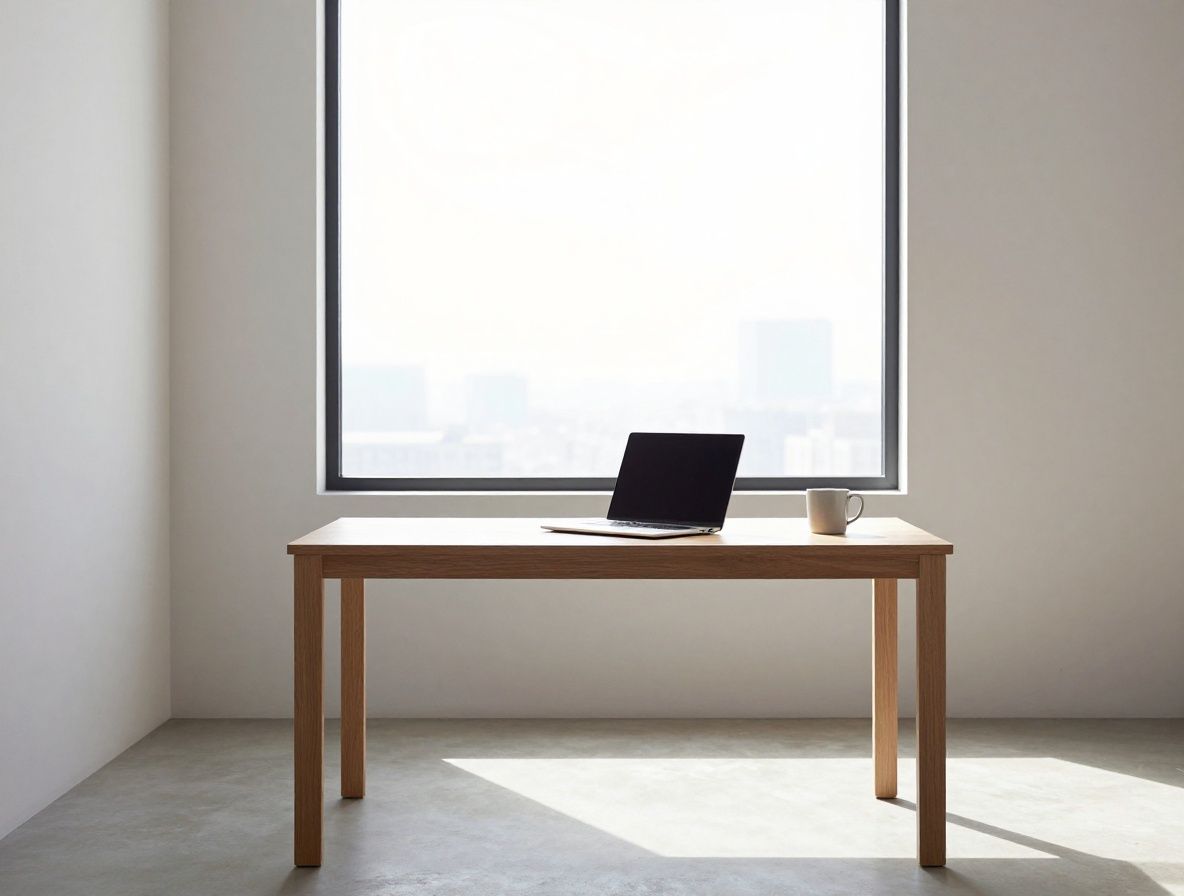 Minimalist office interior with a large window letting in natural daylight onto a clean wooden desk with a closed laptop and a ceramic mug, representing a calm workspace