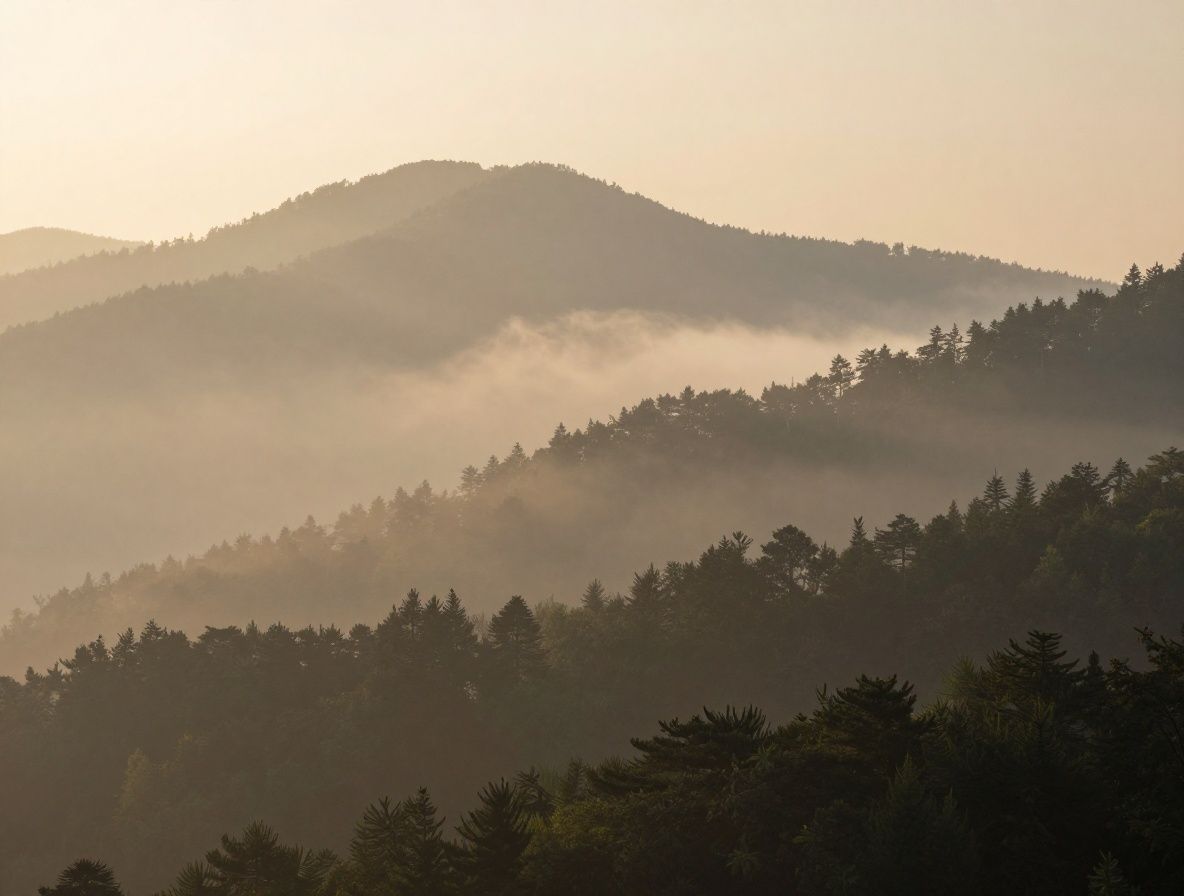 Calm misty mountain landscape at dawn with soft golden light filtering through a forest canopy, evoking clarity and structured thought