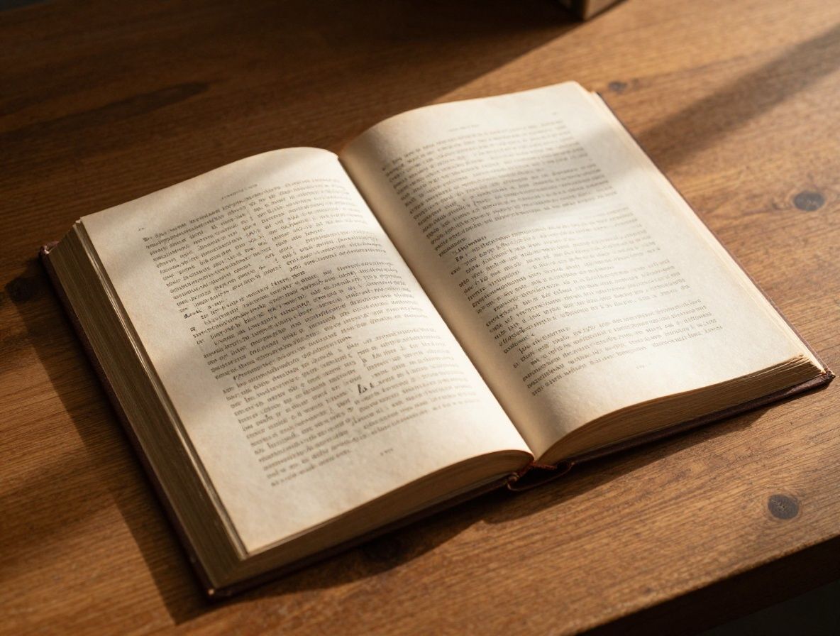 Open aged book on a wooden desk with warm directed lamp light casting long shadows across handwritten pages, suggesting historical research and archival study
