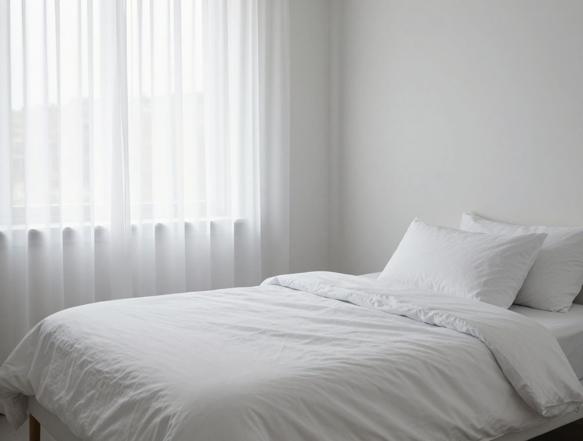 Minimalist bedroom with soft morning light entering through sheer curtains onto a neatly made bed, representing rest and structured sleep patterns